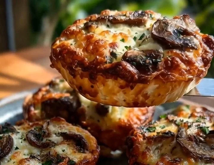 Cottage Cheese Mushroom Swiss Towers stacked on a plate