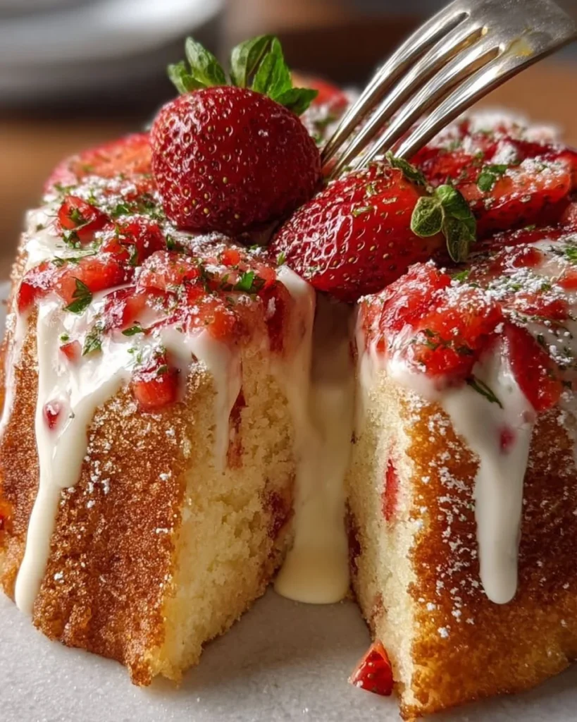 Slice of Cottage Cheese Strawberry Pound Cake on a plate with fresh strawberries