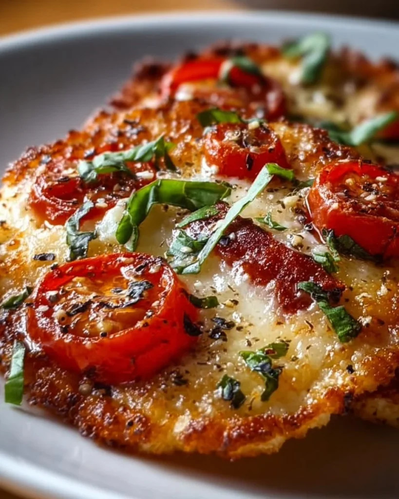 Cottage Cheese Tomato Basil Pizza Crisps on a plate