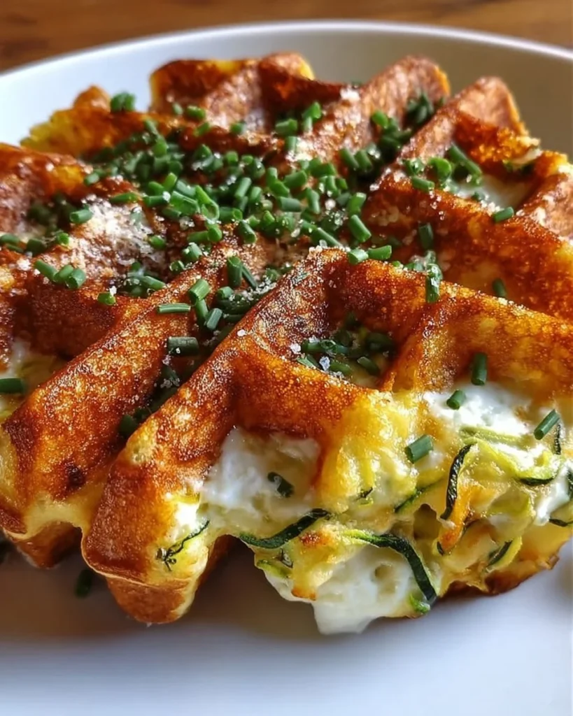 Cottage Cheese Zucchini Fritter Waffle served on a plate with fresh herbs