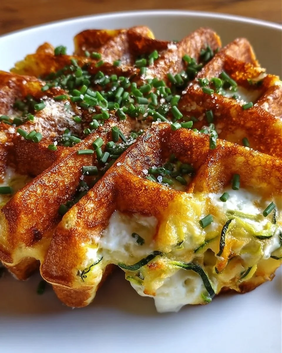Cottage Cheese Zucchini Fritter Waffle served on a plate with fresh herbs
