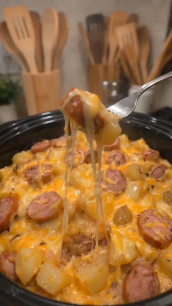 Creamy cheesy beef sausage served with potatoes in a comforting dish