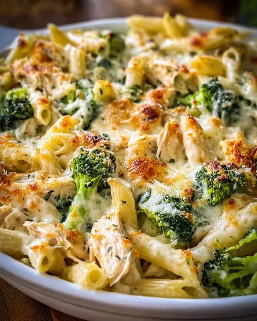 Creamy Chicken and Broccoli Alfredo Bake in a casserole dish