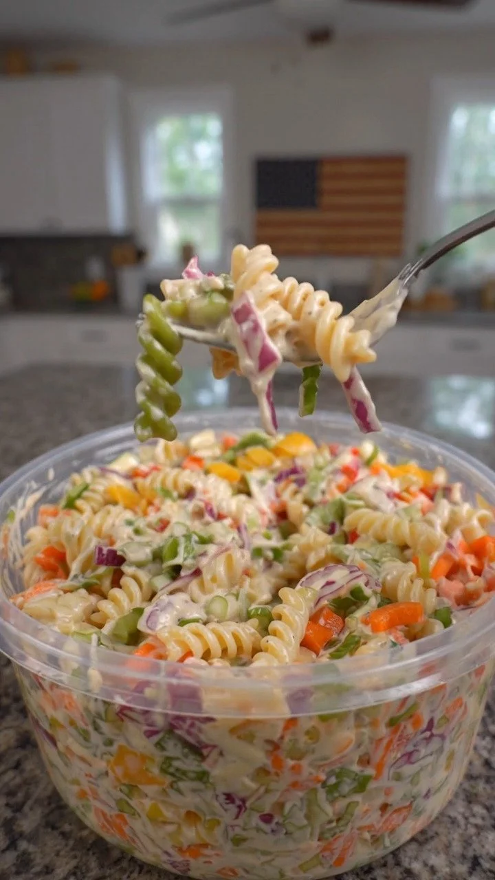 Creamy Coleslaw Pasta Salad in a bowl, showcasing colorful vegetables and pasta.
