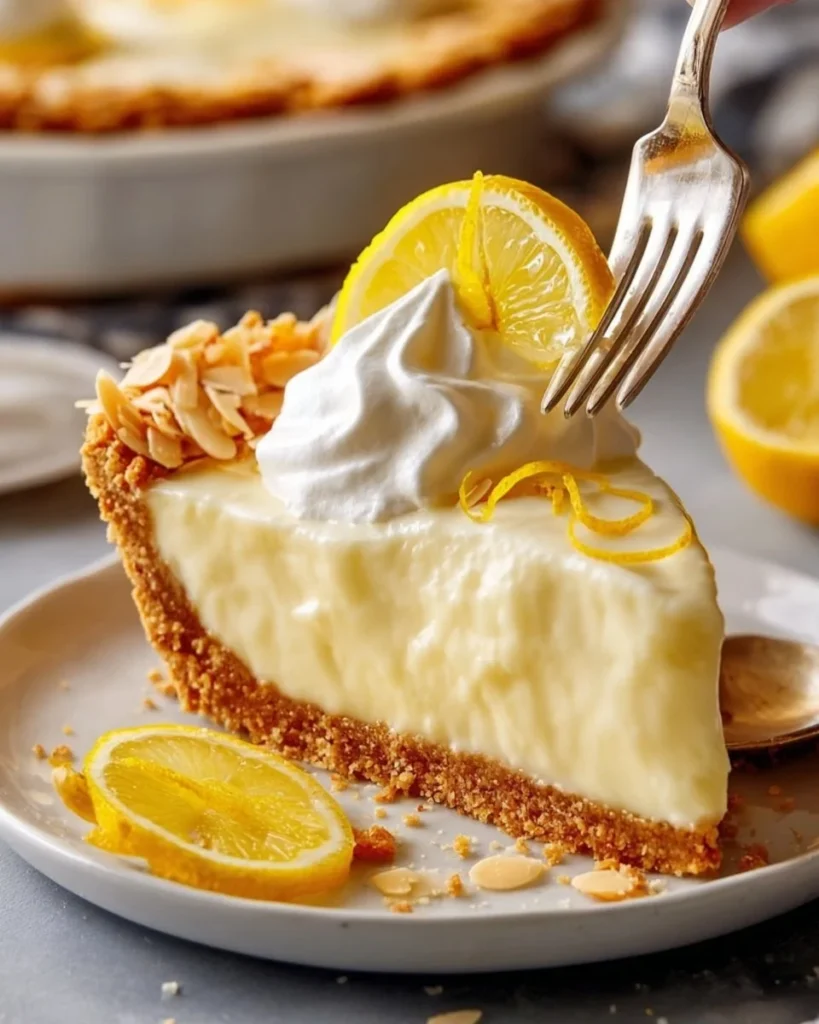 Delicious creamy lemon pie slice garnished with lemon zest and whipped cream.