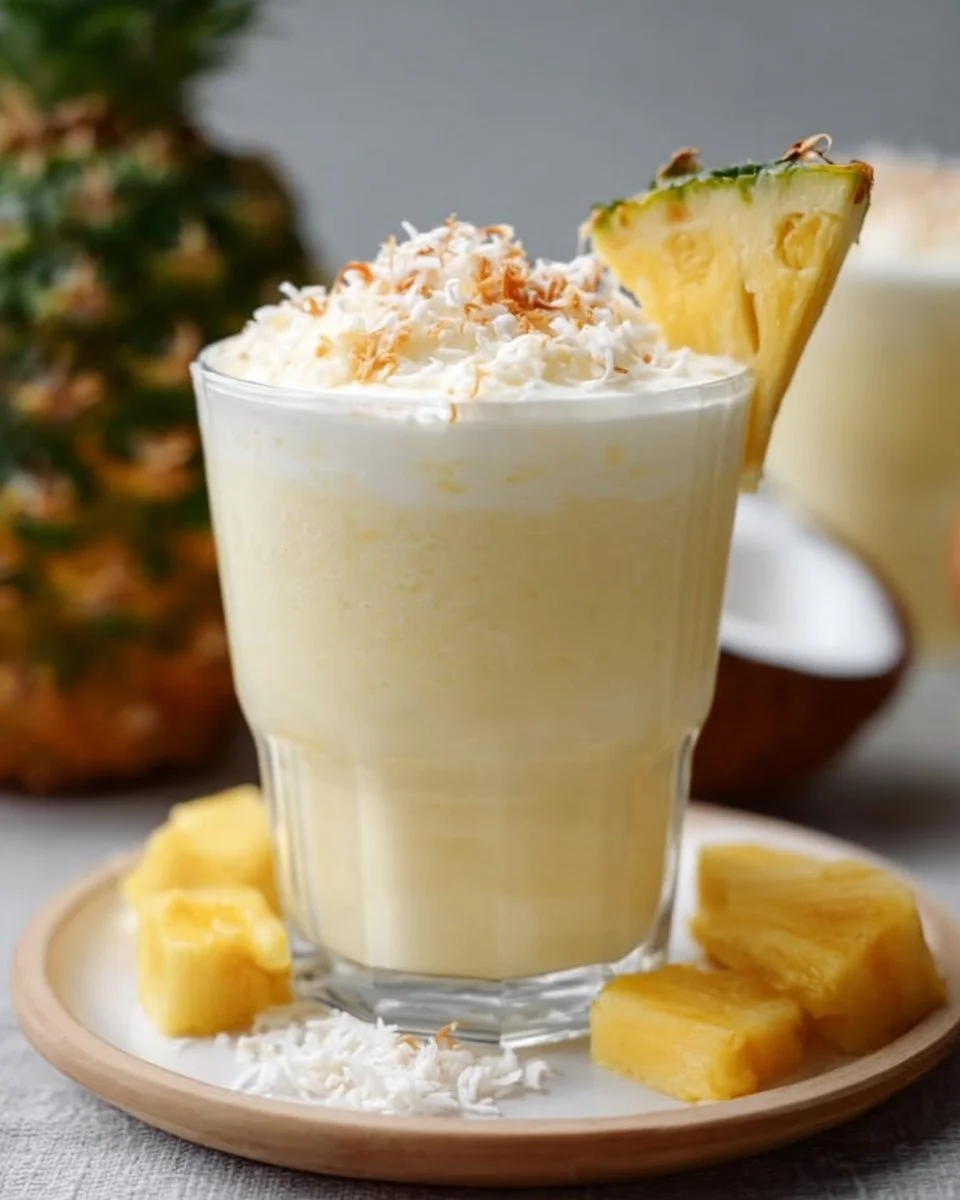 Creamy Piña Colada smoothie served in a glass with fresh fruit garnish