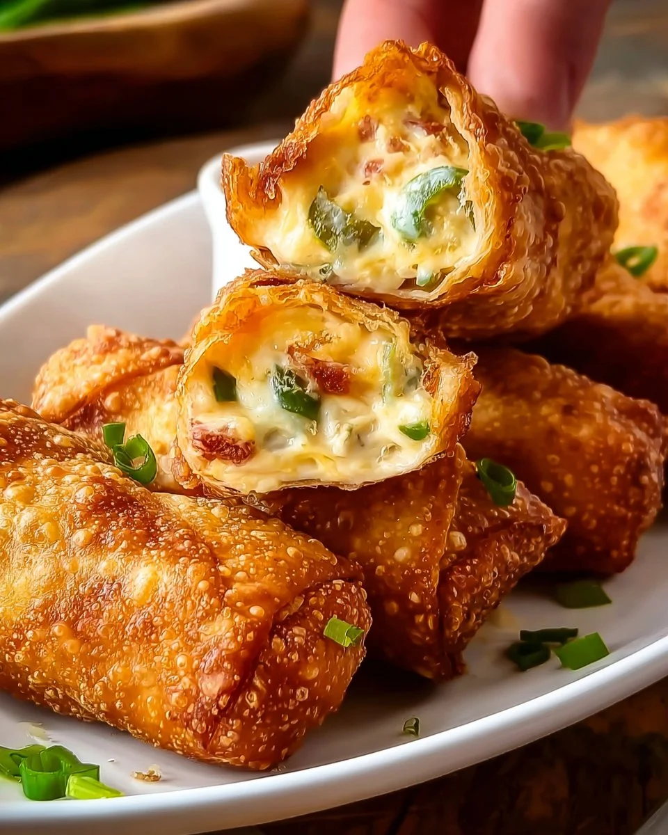Crispy cheesy jalapeño popper egg rolls served with dipping sauce.