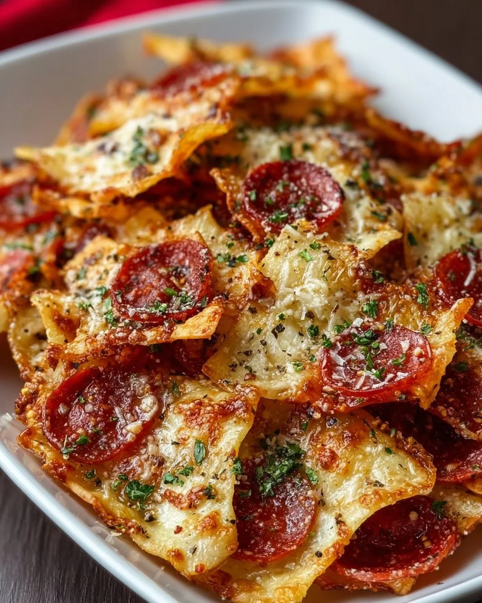 Crispy pizza chips snack with a delightful flavor and crunchy texture.