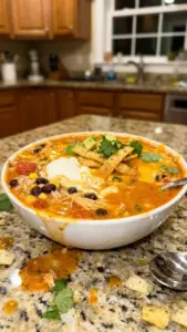 Crockpot Creamy Chicken Taco Soup served in a bowl with toppings