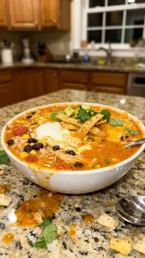 Crockpot Creamy Chicken Taco Soup served in a bowl with toppings
