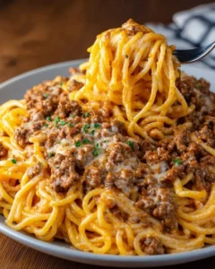 Delicious Garlic Butter Beef Spaghetti in Cheddar Cream Sauce served in a bowl.