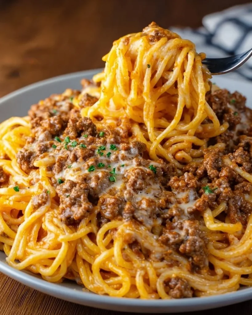 Delicious Garlic Butter Beef Spaghetti in Cheddar Cream Sauce served in a bowl.