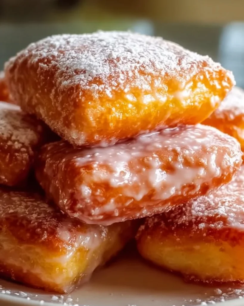 Glazed buttermilk beignet squares on a plate, showcasing their fluffy texture