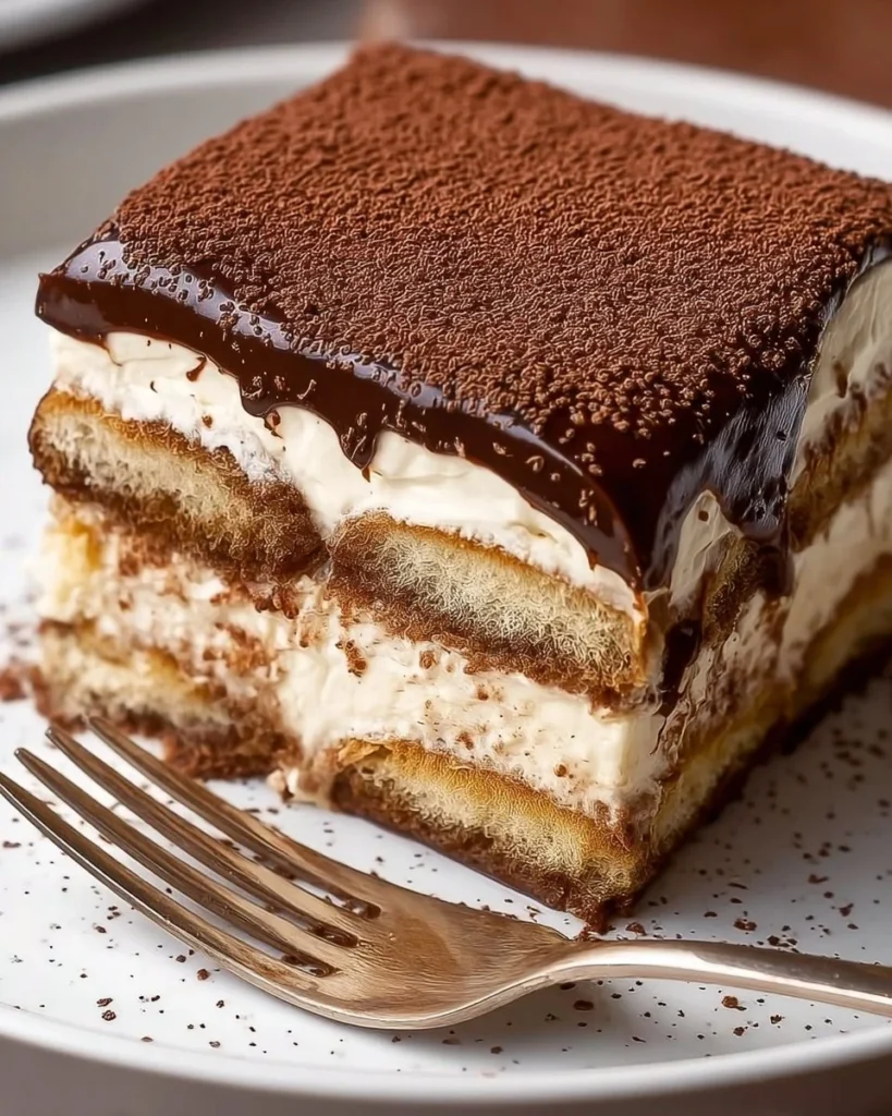 Decadent hot chocolate tiramisu dessert with cocoa and cream layers