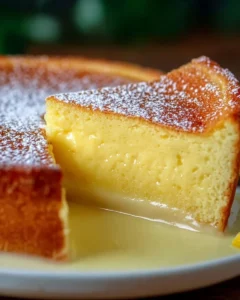 Slice of Italian Grandma's Lemon Custard Cake with lemon slices