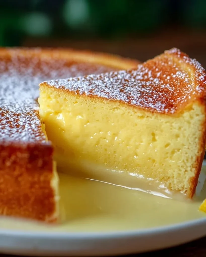 Slice of Italian Grandma's Lemon Custard Cake with lemon slices