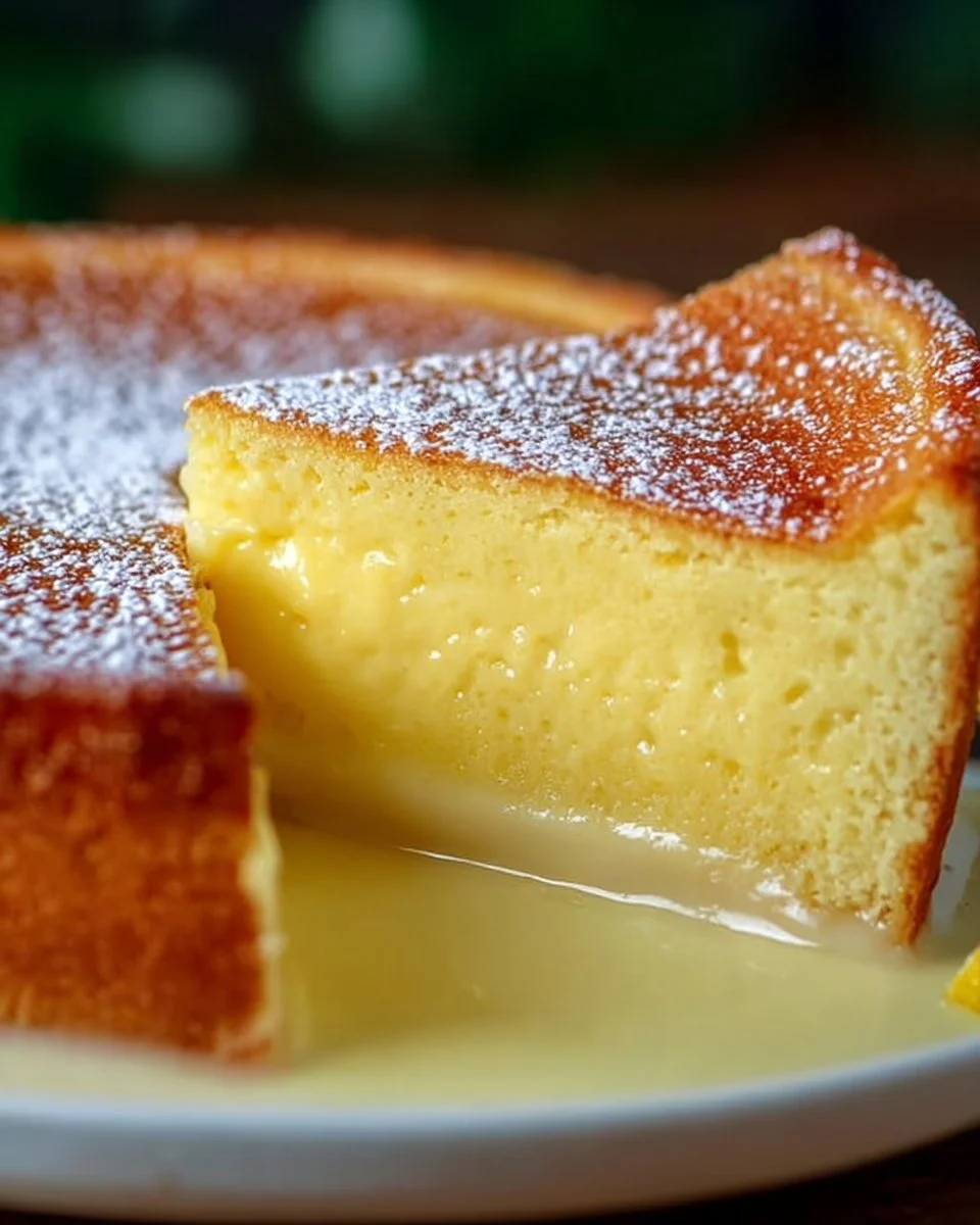 Slice of Italian Grandma's Lemon Custard Cake with lemon slices