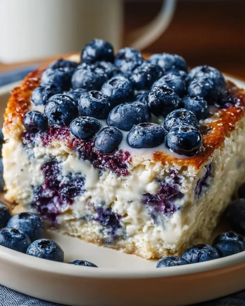 Low-calorie blueberry cottage cheese breakfast bake in a baking dish
