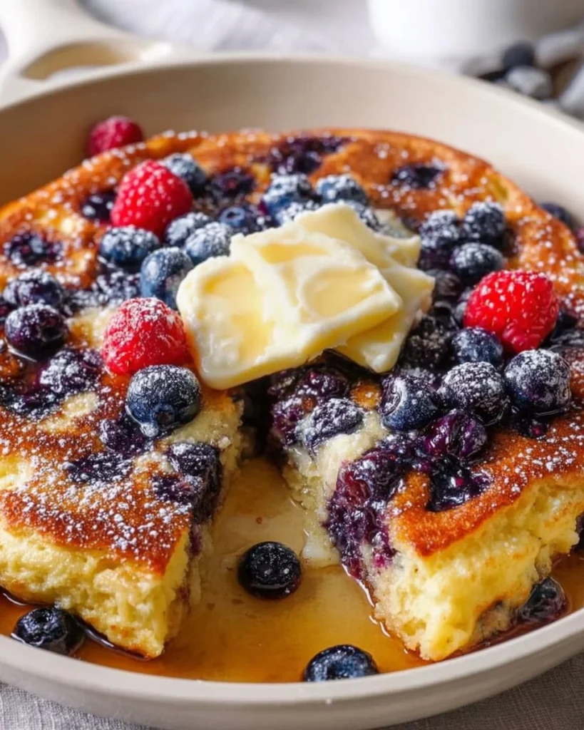 Low-calorie skillet pancake topped with fresh fruit