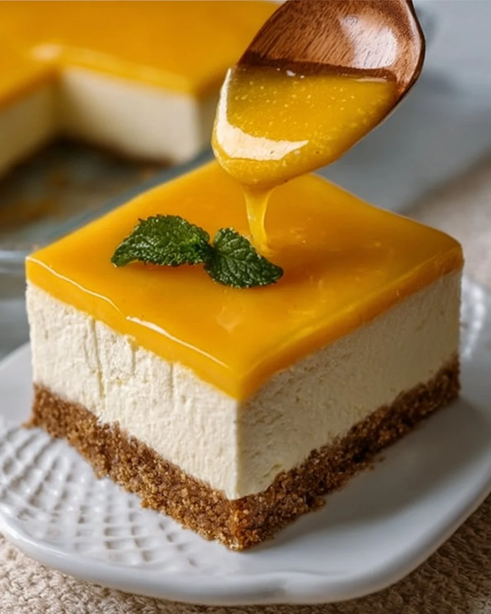 Delicious no bake mango cheesecake topped with fresh mango slices