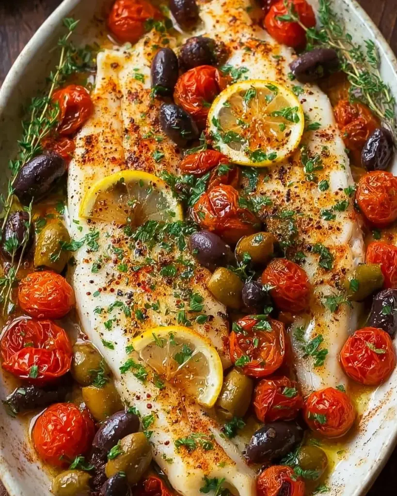 Mediterranean baked fish served with vegetables and herbs on a white plate