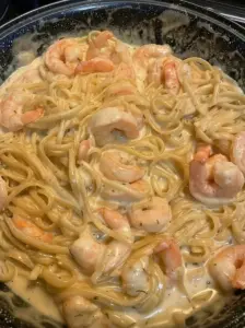 Delicious one pan shrimp fettuccine alfredo with creamy sauce