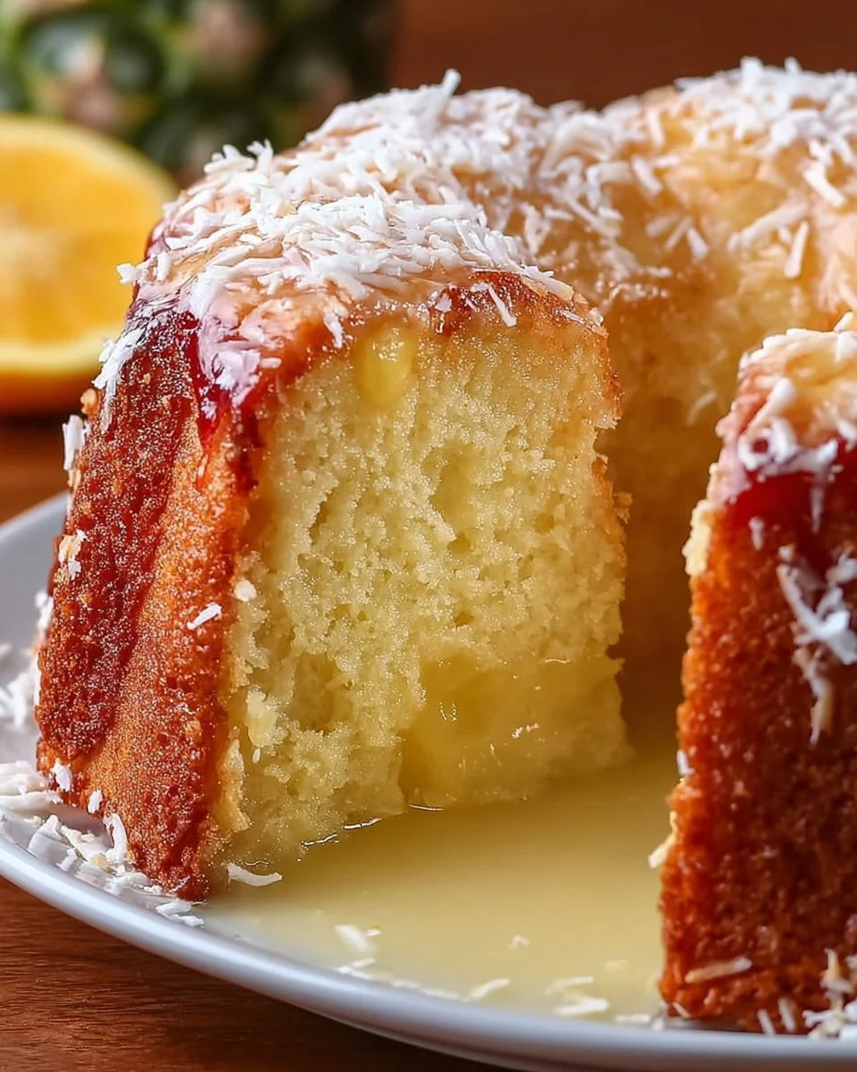 Slice of moist Pineapple Coconut Pound Cake with tropical flavors