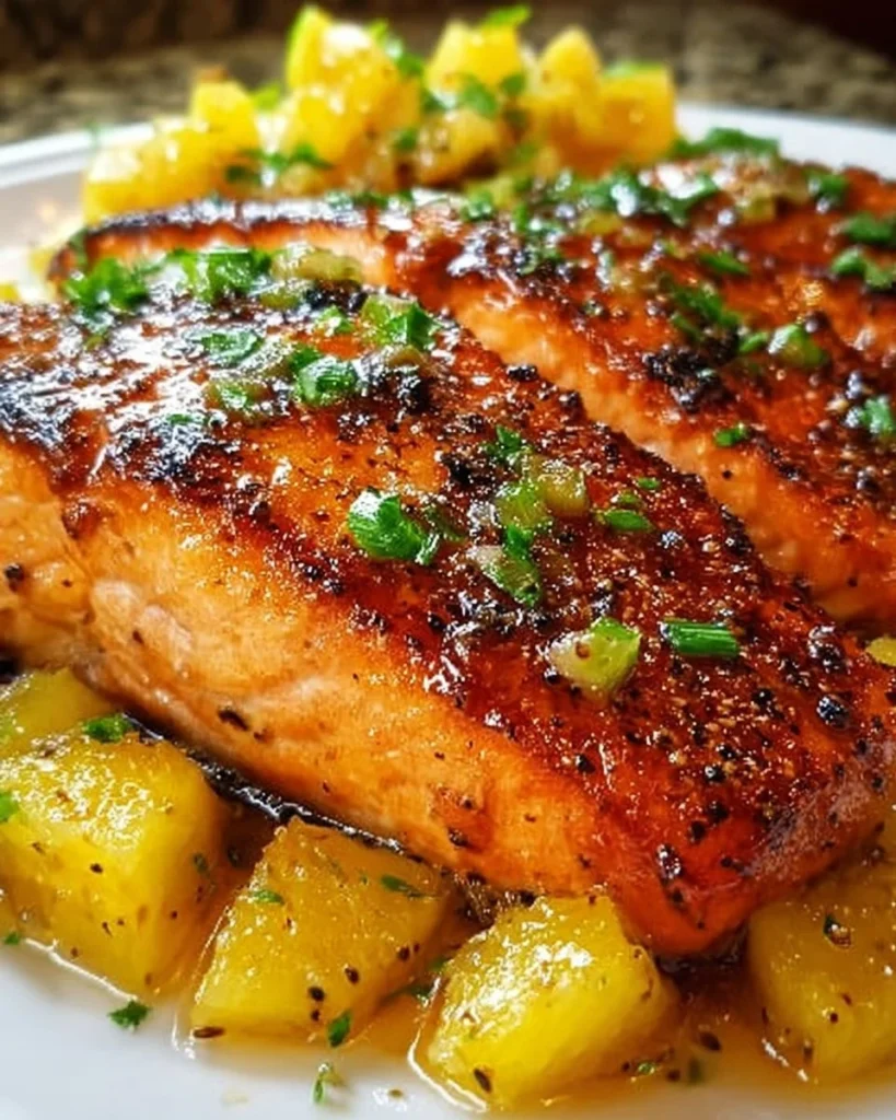 Pineapple Glazed Salmon served with fresh herbs and pineapple slices