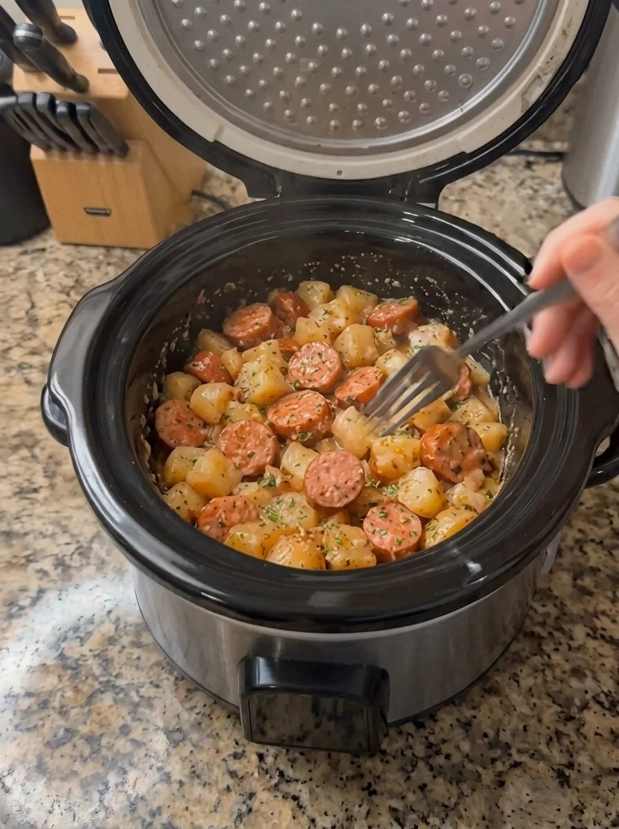 Slow Cooker 4 Ingredient Sausage and Potatoes dish ready to serve