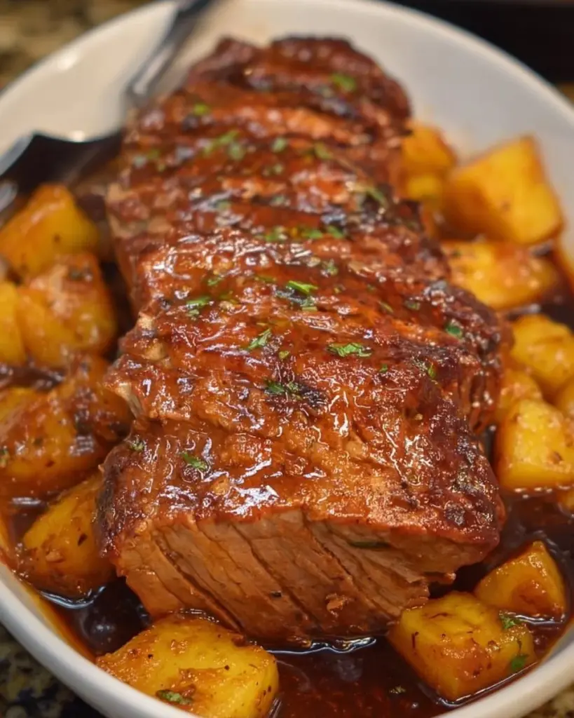 A plate of Slow Cooker Pineapple Beef garnished with fresh herbs.