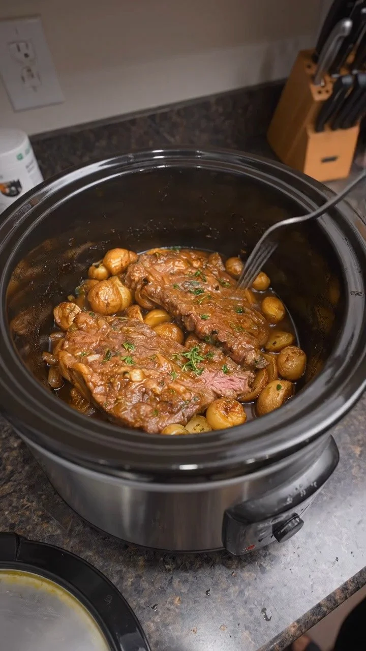 Plate of slow cooker steak with onion gravy and baby potatoes