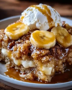 Delicious Southern banana cobbler with ripe bananas and a golden crust