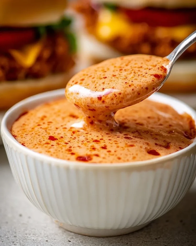 Homemade spicy sauce served with a delicious Zinger Burger.