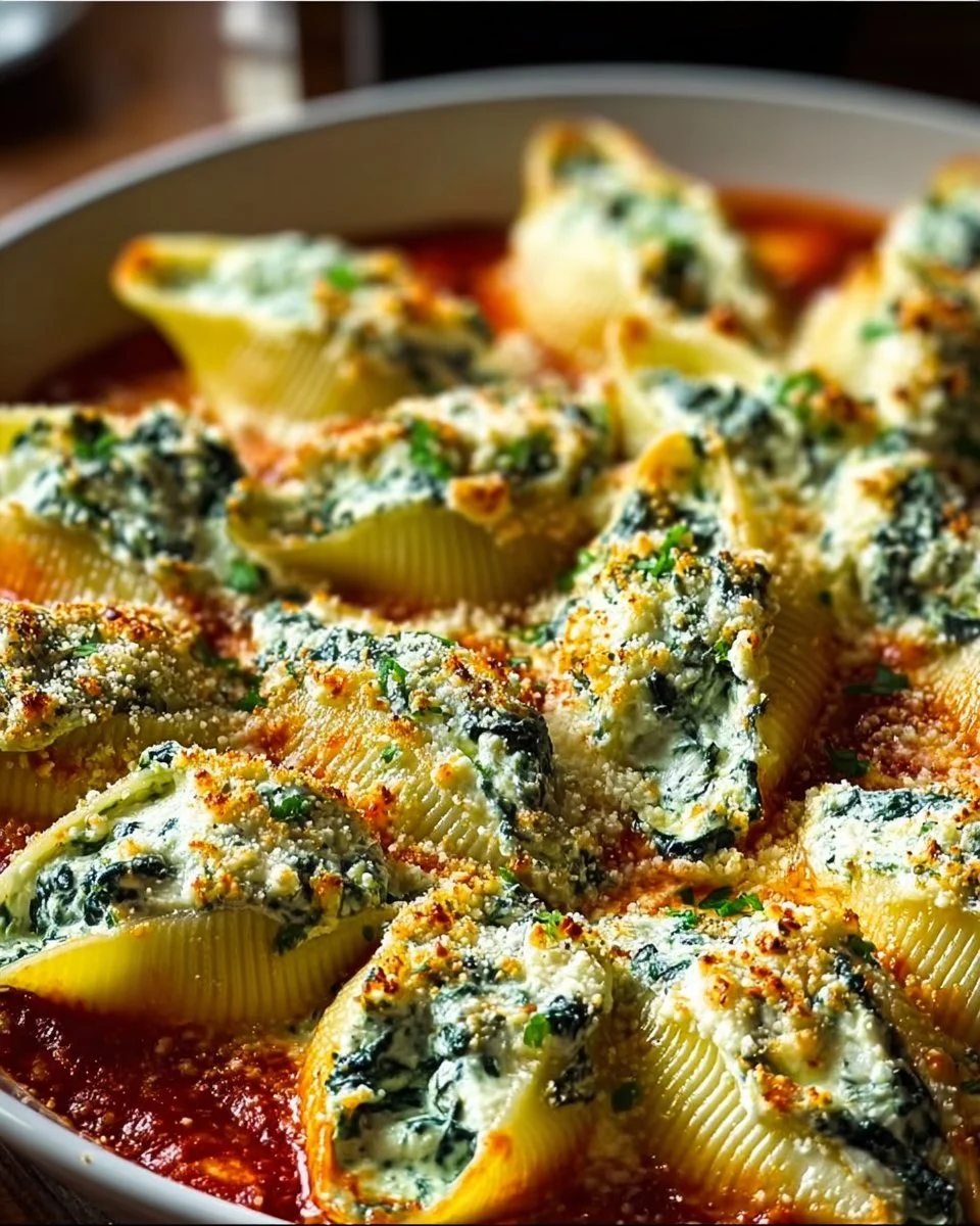 Plate of spinach and ricotta stuffed shells topped with marinara sauce and cheese