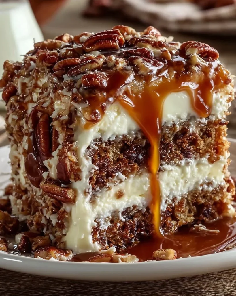 Slice of Texas Tornado Cake with pecans and coconut on a plate