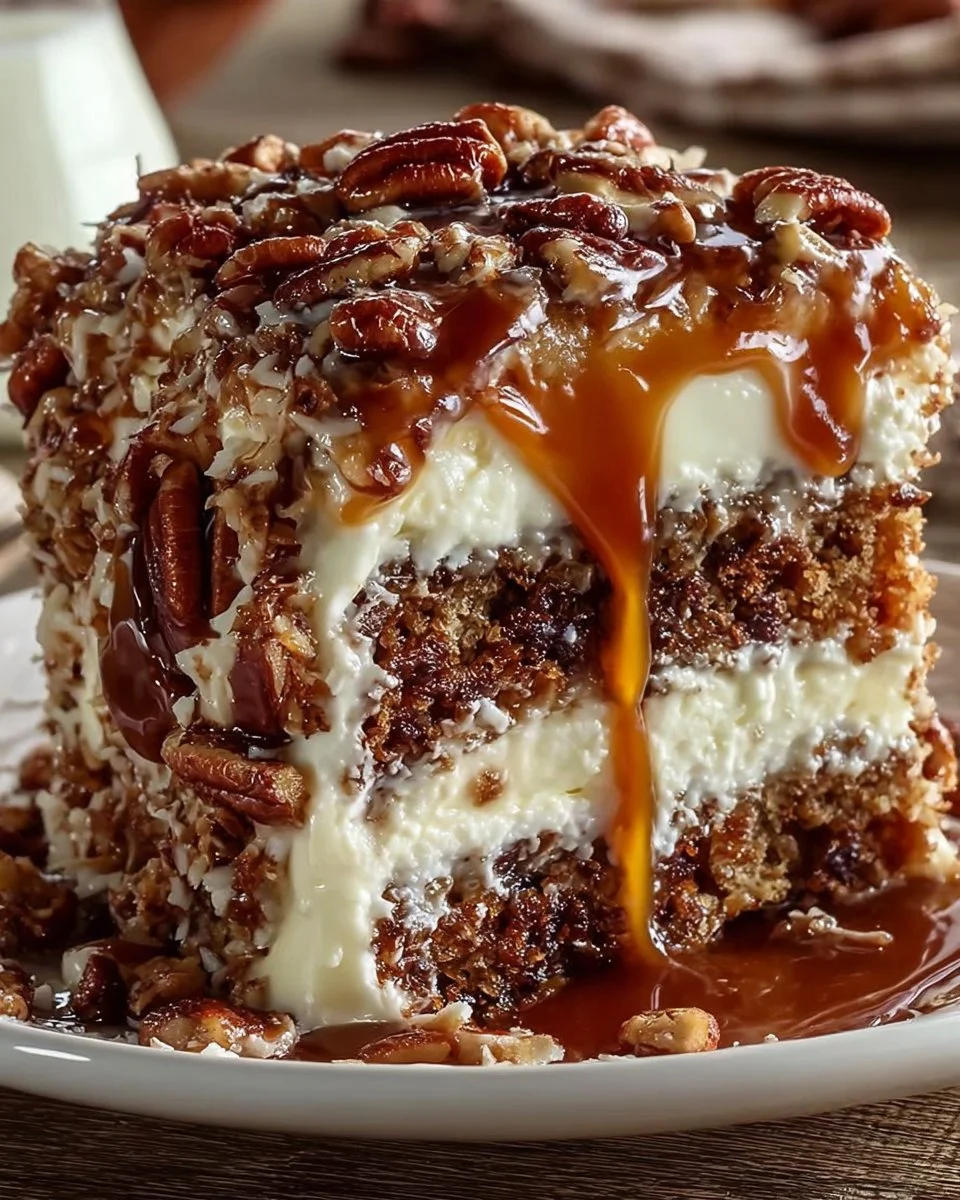 Slice of Texas Tornado Cake with pecans and coconut on a plate