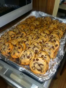 Perfectly baked chocolate chip cookies cooling on a wire rack
