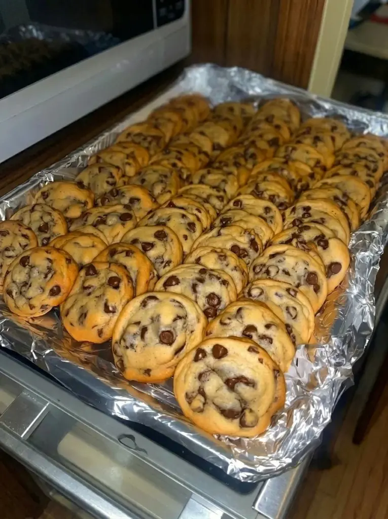 Perfectly baked chocolate chip cookies cooling on a wire rack