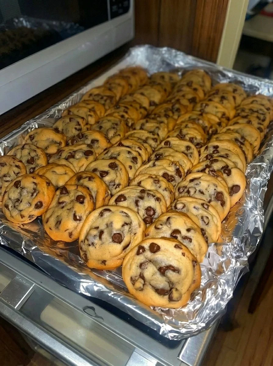 Perfectly baked chocolate chip cookies cooling on a wire rack
