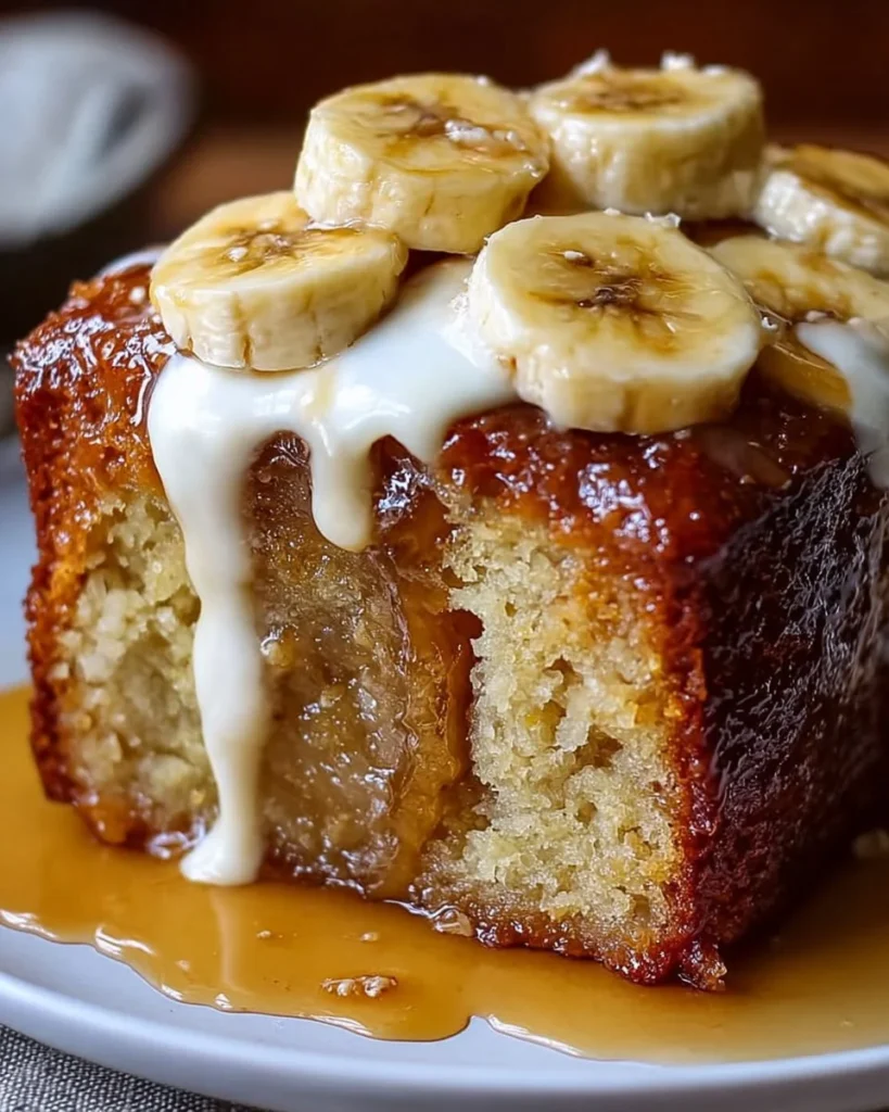Warm Banana Pudding Pound Cake served on a plate with a banana garnish