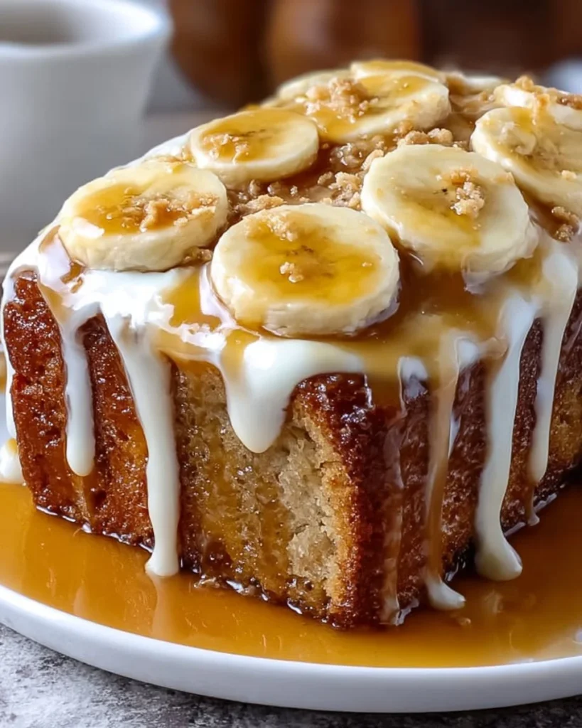 Delicious warm banana pudding pound cake topped with creamy banana pudding