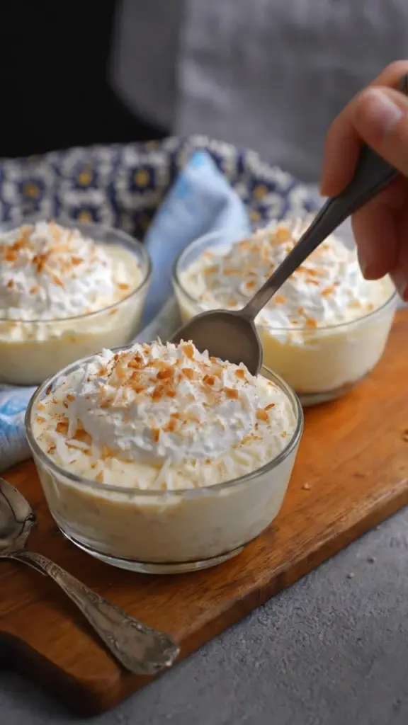Delicious WW Coconut Cream Dessert served in a bowl with fresh coconut garnish.