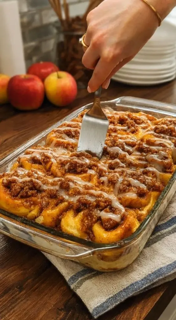 Delicious Apple Pie Cinnamon Roll Casserole served fresh out of the oven