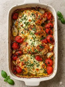 Delicious Baked Chicken Caprese topped with mozzarella and fresh basil