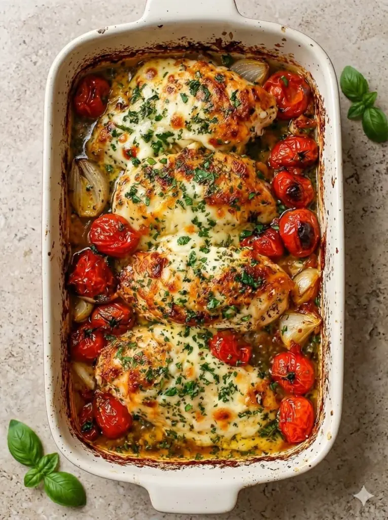 Delicious Baked Chicken Caprese topped with mozzarella and fresh basil