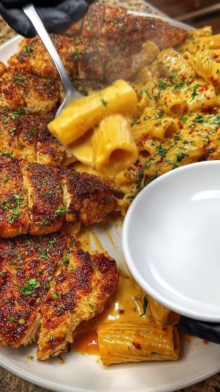 Blackened Cajun chicken served with creamy rigatoni pasta in a gourmet dish.