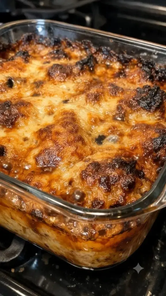 Cheesy baked casserole fresh out of the oven, gooey and delicious.