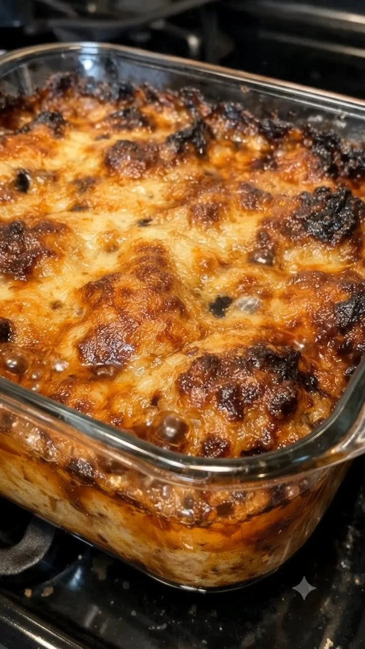 Cheesy baked casserole fresh out of the oven, gooey and delicious.