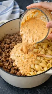 Cheesy Beef Pasta with melted cheese and ground beef