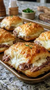 Mouthwatering cheesy beef sandwiches stacked high with melted cheese and tender beef
